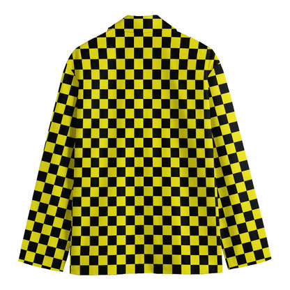 Yellow And Black Checkered Pattern Print Men's Cotton Blazer