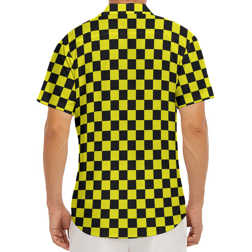 Yellow And Black Checkered Pattern Print Men's Deep V-Neck Shirt