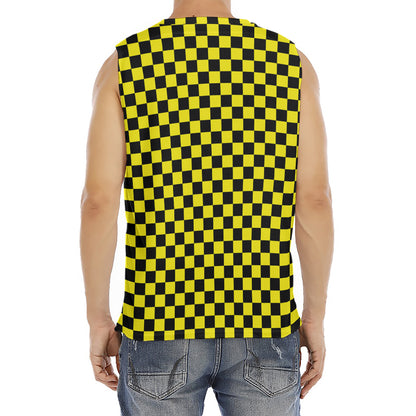 Yellow And Black Checkered Pattern Print Men's Fitness Tank Top