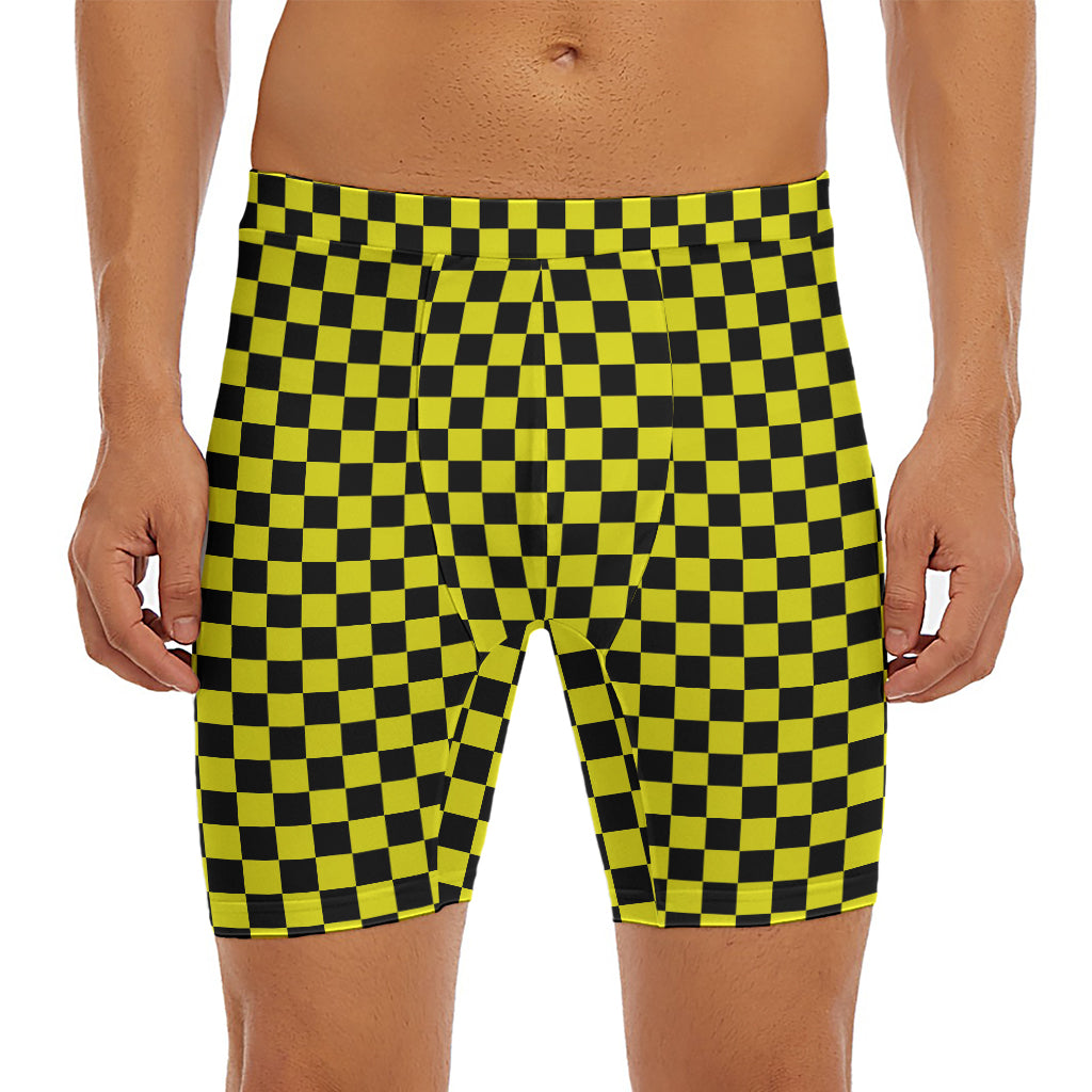 Yellow And Black Checkered Pattern Print Men's Long Boxer Briefs