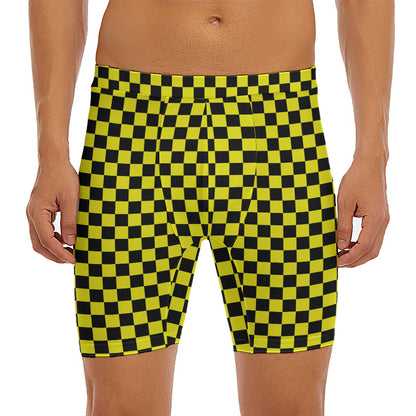 Yellow And Black Checkered Pattern Print Men's Long Boxer Briefs