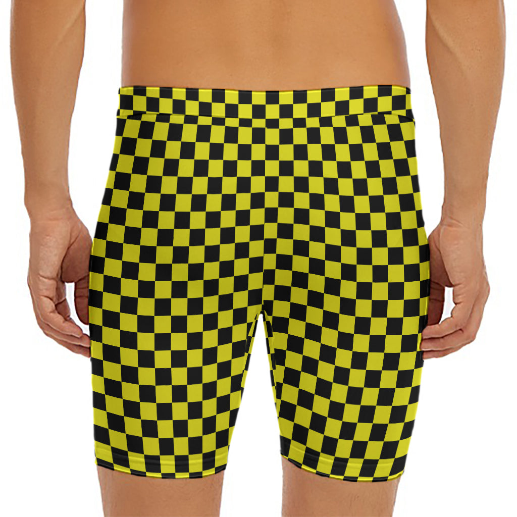 Yellow And Black Checkered Pattern Print Men's Long Boxer Briefs