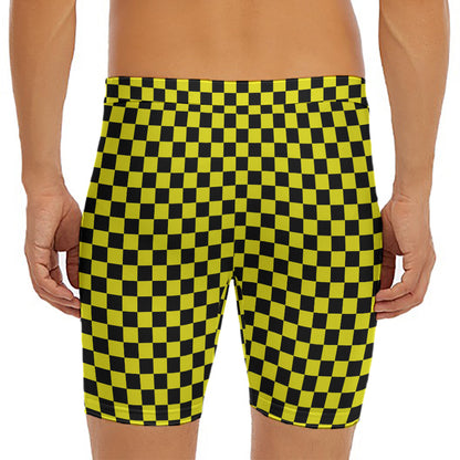 Yellow And Black Checkered Pattern Print Men's Long Boxer Briefs