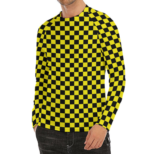 Yellow And Black Checkered Pattern Print Men's Long Sleeve Rash Guard
