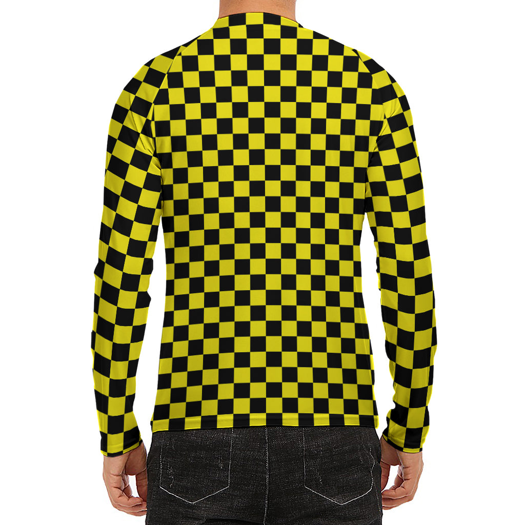 Yellow And Black Checkered Pattern Print Men's Long Sleeve Rash Guard