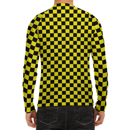 Yellow And Black Checkered Pattern Print Men's Long Sleeve Rash Guard
