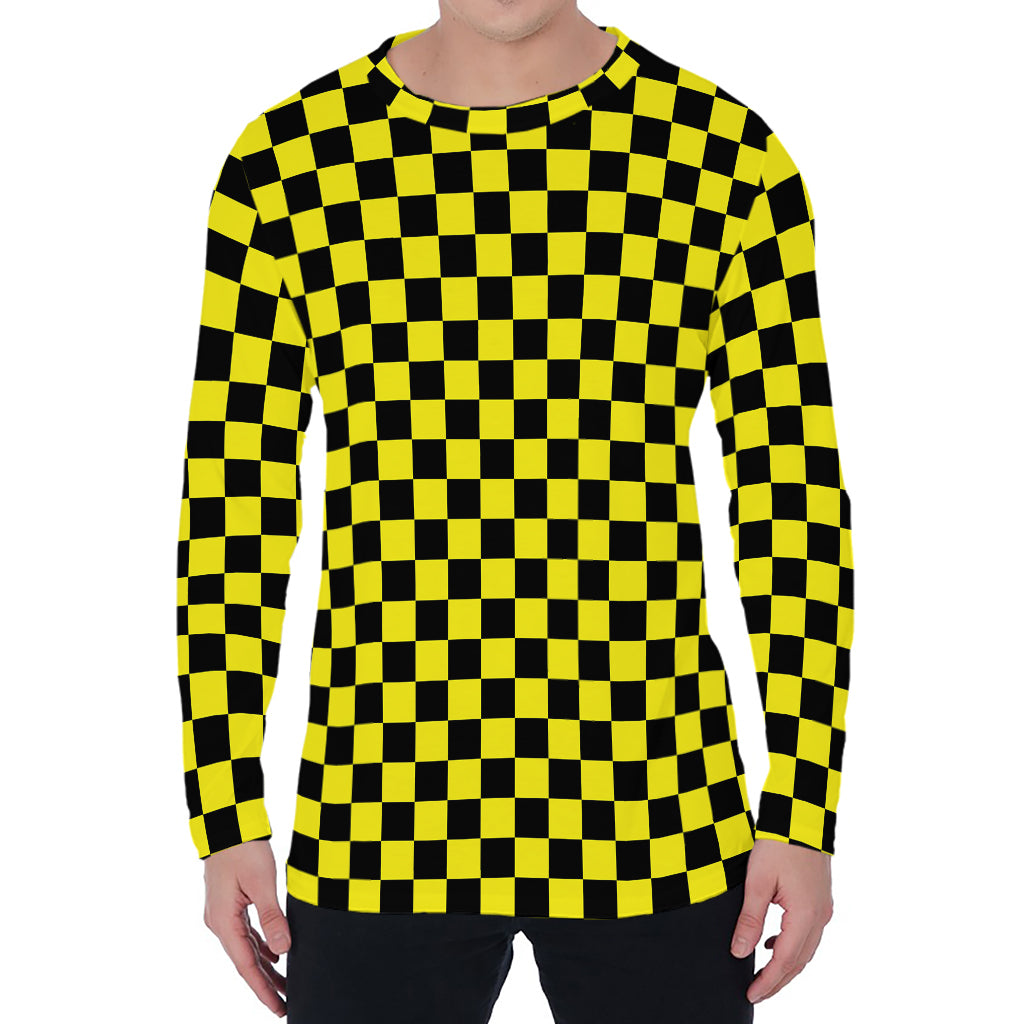 Yellow And Black Checkered Pattern Print Men's Long Sleeve T-Shirt