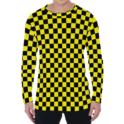 Yellow And Black Checkered Pattern Print Men's Long Sleeve T-Shirt