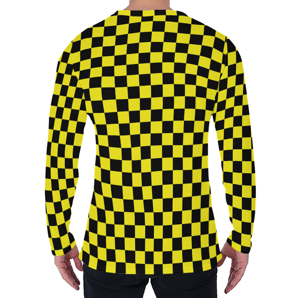 Yellow And Black Checkered Pattern Print Men's Long Sleeve T-Shirt