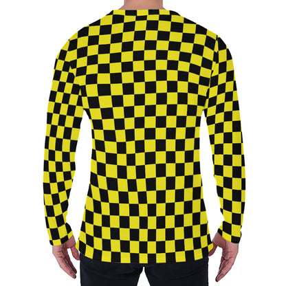 Yellow And Black Checkered Pattern Print Men's Long Sleeve T-Shirt