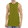 Yellow And Black Checkered Pattern Print Men's Muscle Tank Top
