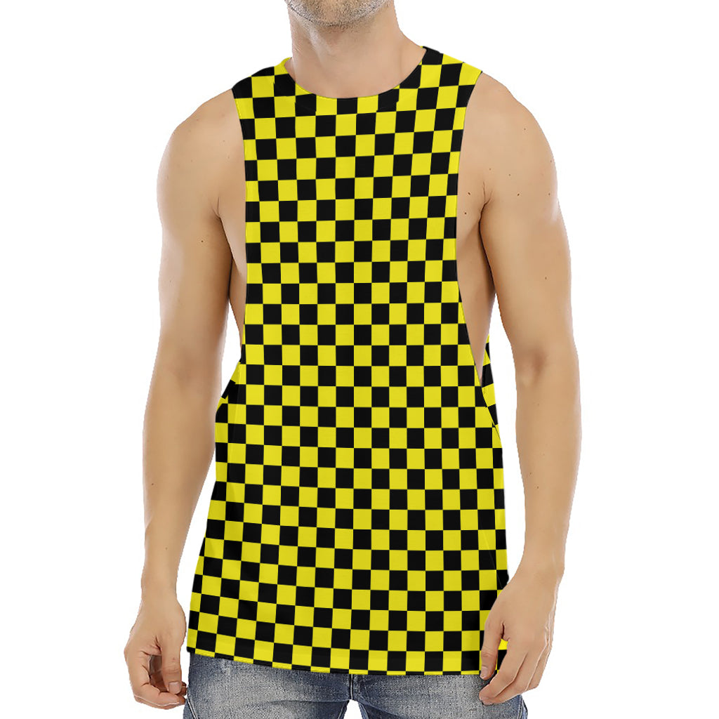 Yellow And Black Checkered Pattern Print Men's Muscle Tank Top