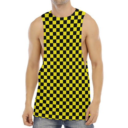 Yellow And Black Checkered Pattern Print Men's Muscle Tank Top