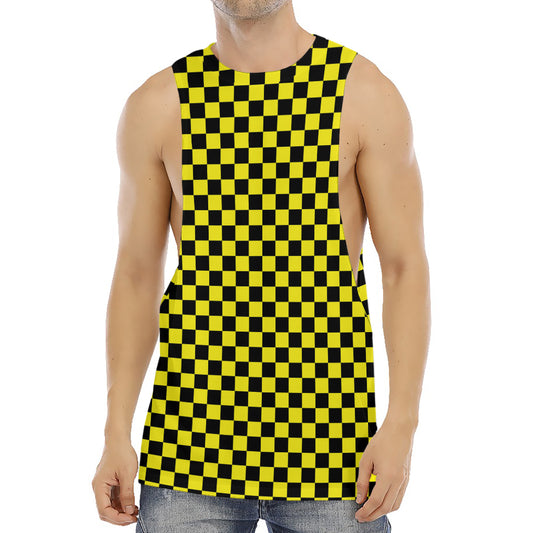 Yellow And Black Checkered Pattern Print Men's Muscle Tank Top