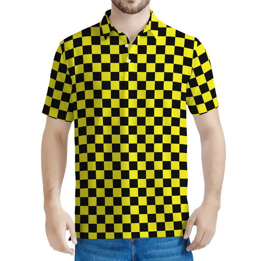 Yellow And Black Checkered Pattern Print Men's Polo Shirt