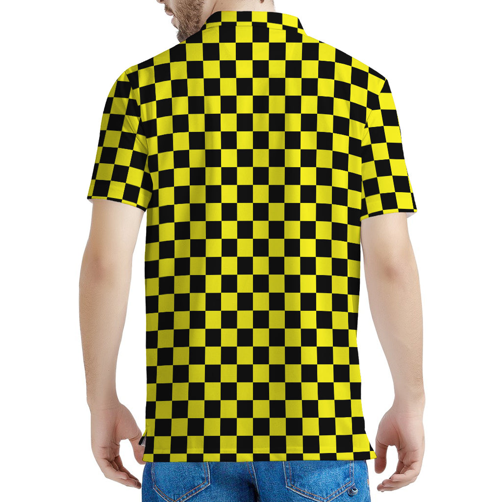 Yellow And Black Checkered Pattern Print Men's Polo Shirt