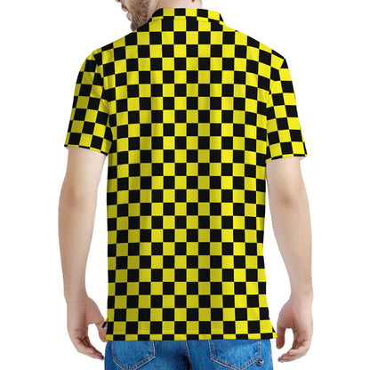 Yellow And Black Checkered Pattern Print Men's Polo Shirt