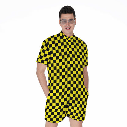 Yellow And Black Checkered Pattern Print Men's Rompers