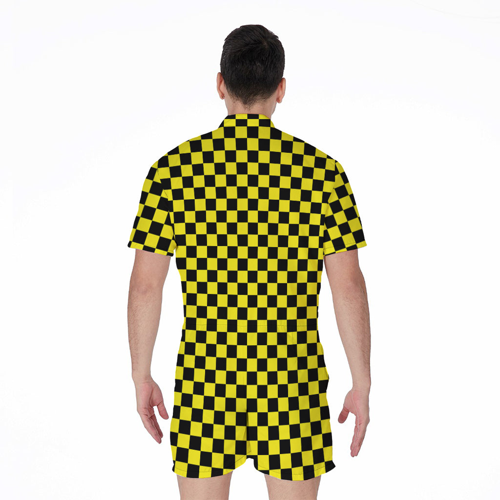 Yellow And Black Checkered Pattern Print Men's Rompers