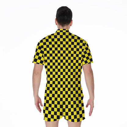 Yellow And Black Checkered Pattern Print Men's Rompers
