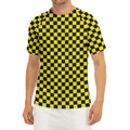 Yellow And Black Checkered Pattern Print Men's Short Sleeve Rash Guard