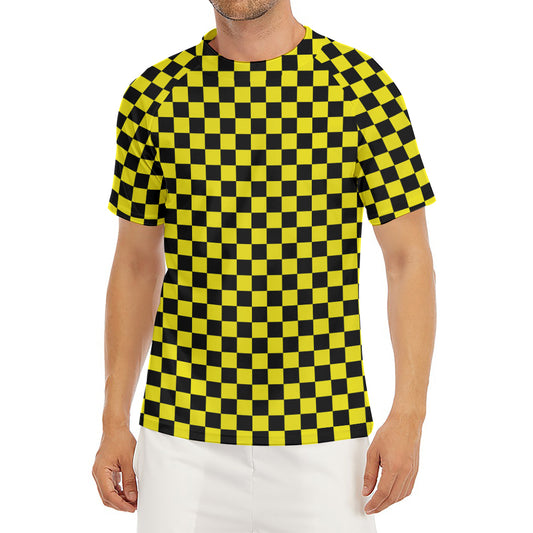 Yellow And Black Checkered Pattern Print Men's Short Sleeve Rash Guard