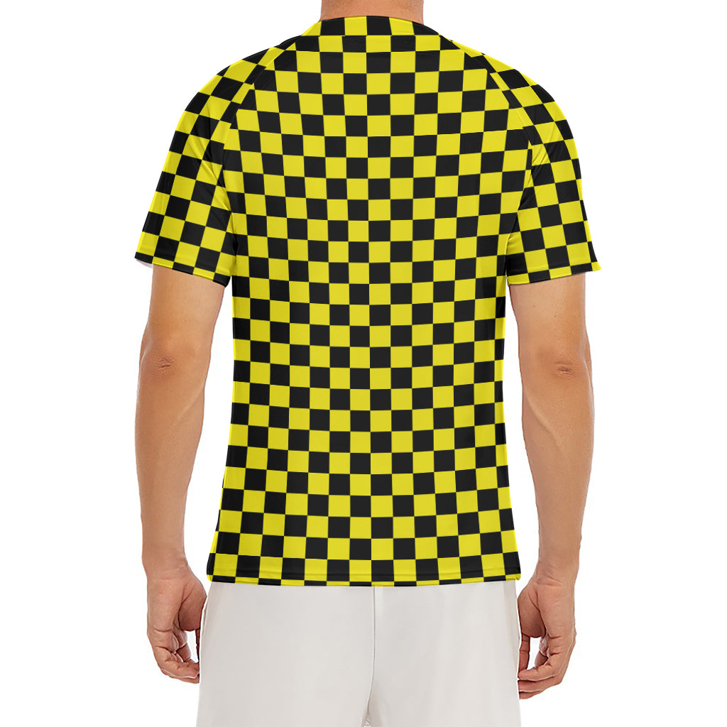 Yellow And Black Checkered Pattern Print Men's Short Sleeve Rash Guard