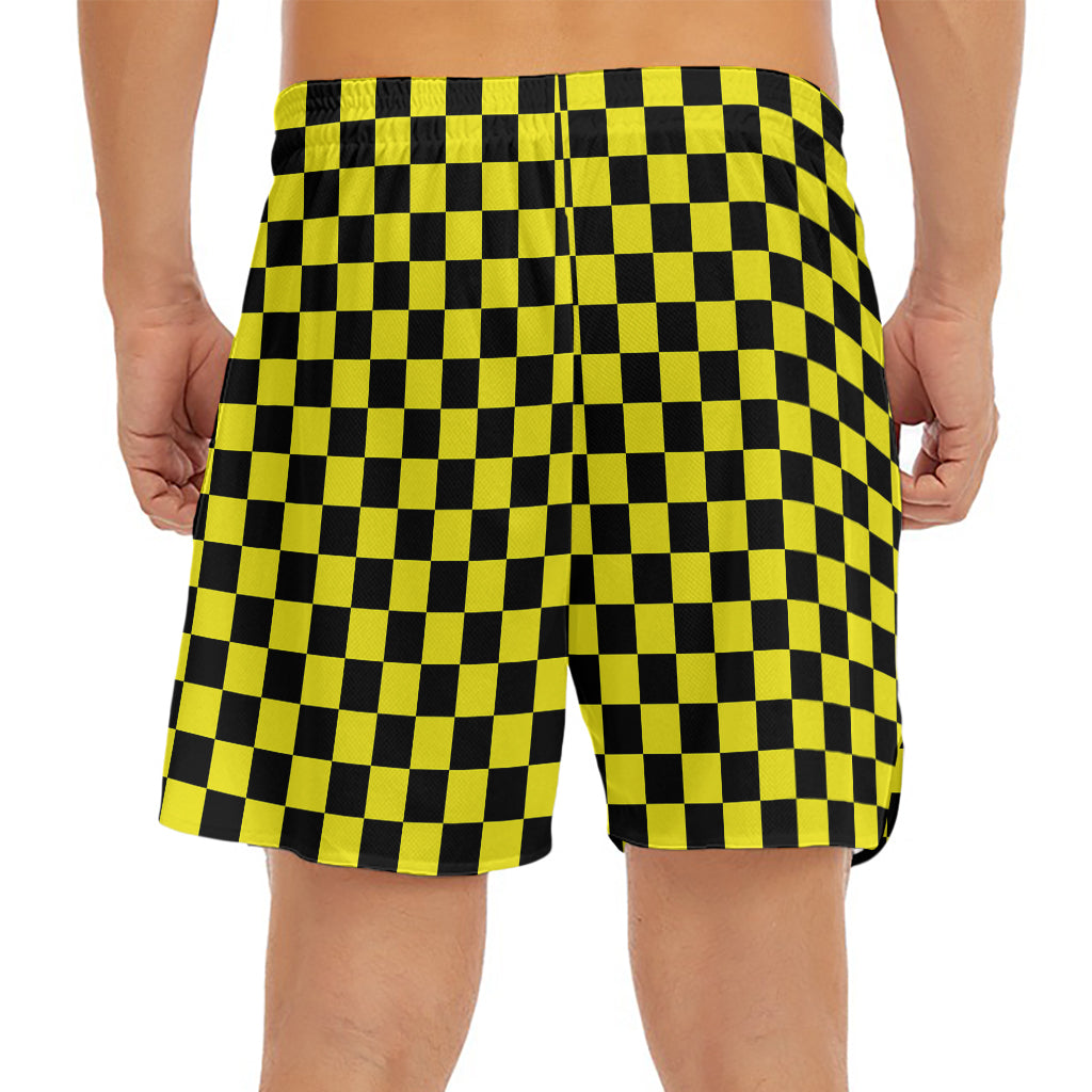 Yellow And Black Checkered Pattern Print Men's Split Running Shorts