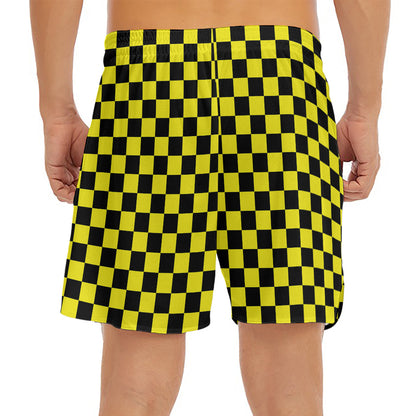 Yellow And Black Checkered Pattern Print Men's Split Running Shorts
