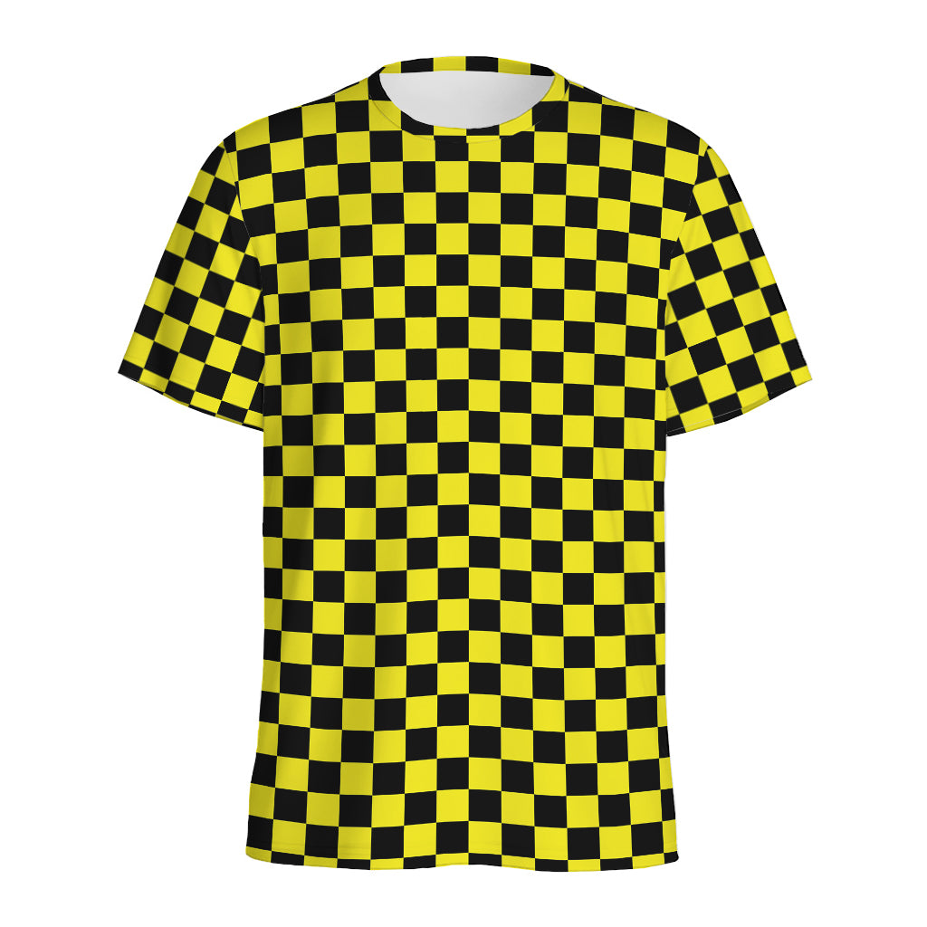 Yellow And Black Checkered Pattern Print Men's Sports T-Shirt