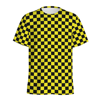 Yellow And Black Checkered Pattern Print Men's Sports T-Shirt