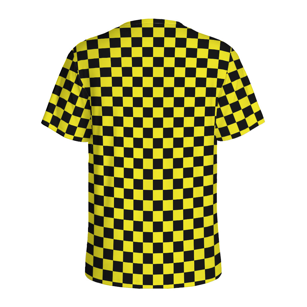 Yellow And Black Checkered Pattern Print Men's Sports T-Shirt