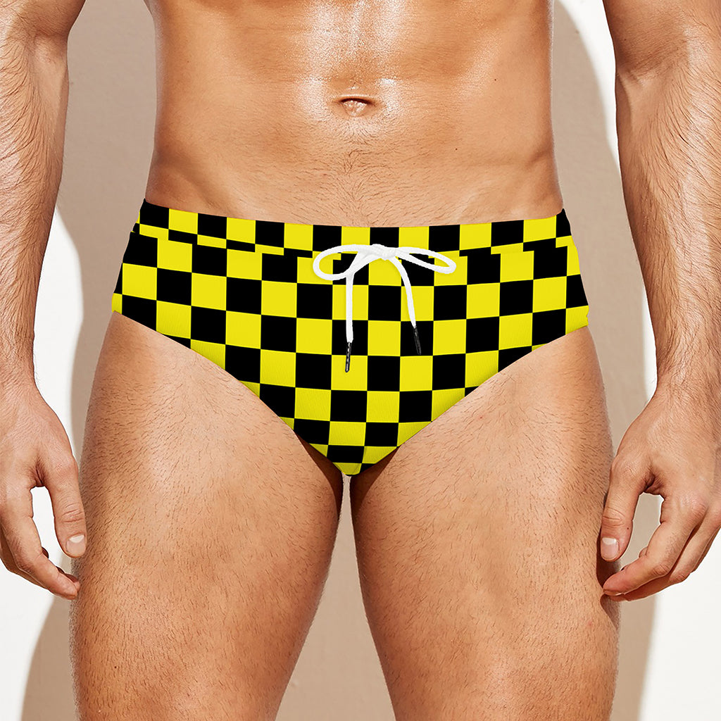 Yellow And Black Checkered Pattern Print Men's Swim Briefs
