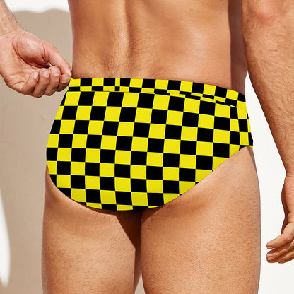 Yellow And Black Checkered Pattern Print Men's Swim Briefs