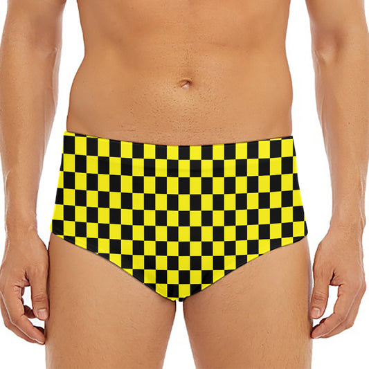 Yellow And Black Checkered Pattern Print Men's Triangle Swim Briefs
