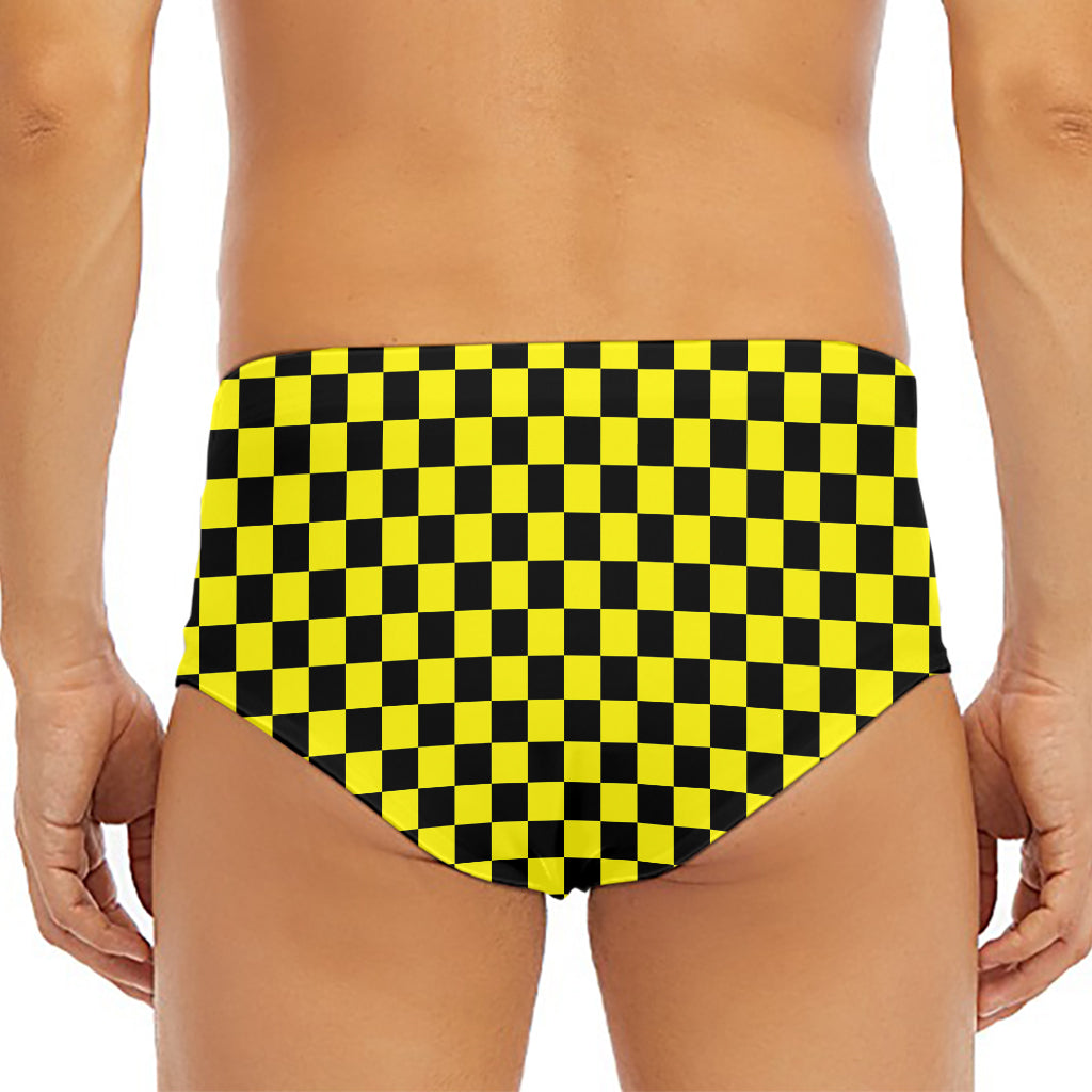 Yellow And Black Checkered Pattern Print Men's Triangle Swim Briefs