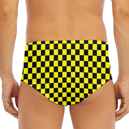 Yellow And Black Checkered Pattern Print Men's Triangle Swim Briefs