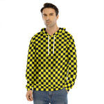 Yellow And Black Checkered Pattern Print Men's Velvet Pullover Hoodie