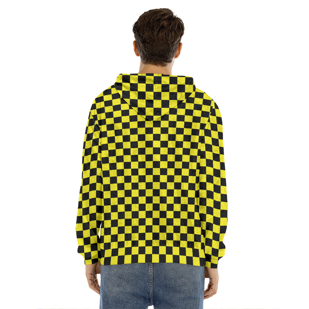Yellow And Black Checkered Pattern Print Men's Velvet Pullover Hoodie