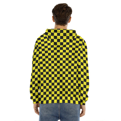 Yellow And Black Checkered Pattern Print Men's Velvet Pullover Hoodie
