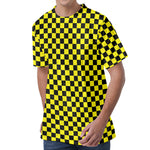 Yellow And Black Checkered Pattern Print Men's Velvet T-Shirt
