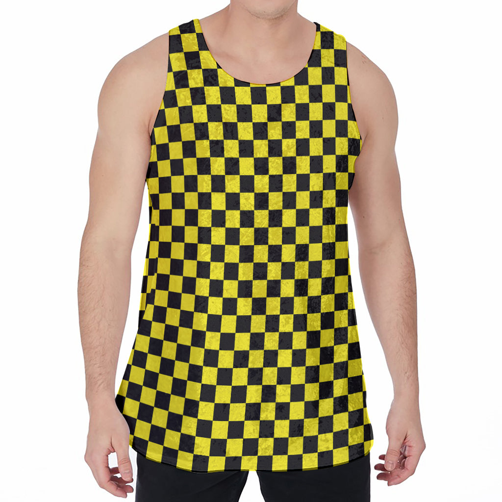 Yellow And Black Checkered Pattern Print Men's Velvet Tank Top
