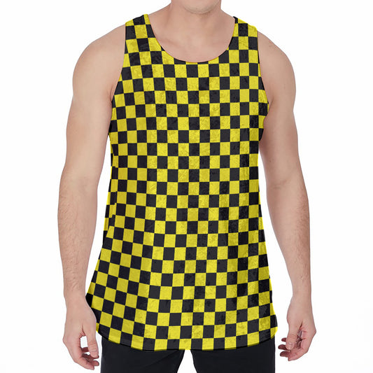 Yellow And Black Checkered Pattern Print Men's Velvet Tank Top