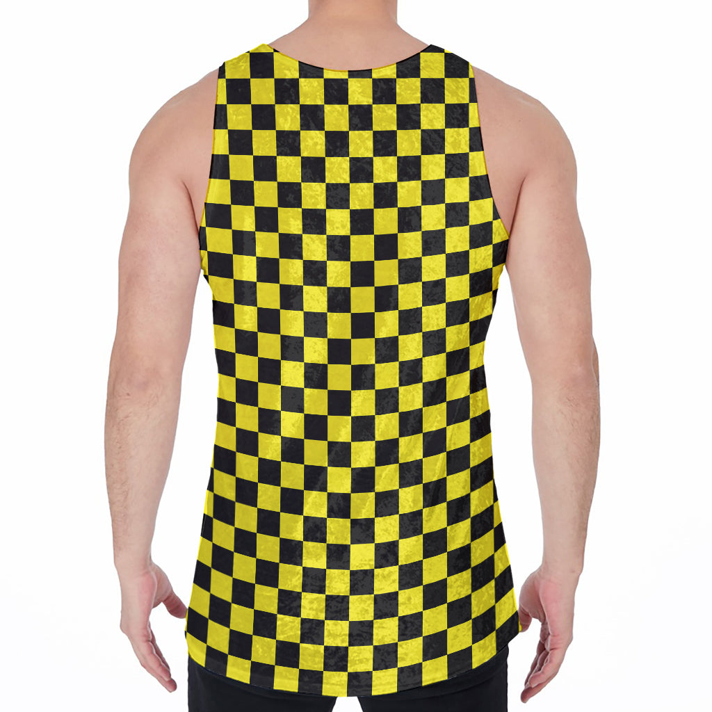 Yellow And Black Checkered Pattern Print Men's Velvet Tank Top