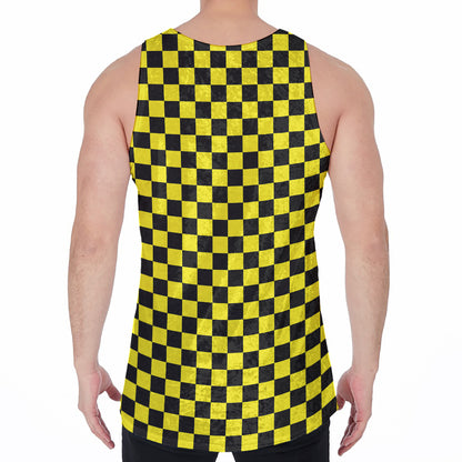 Yellow And Black Checkered Pattern Print Men's Velvet Tank Top