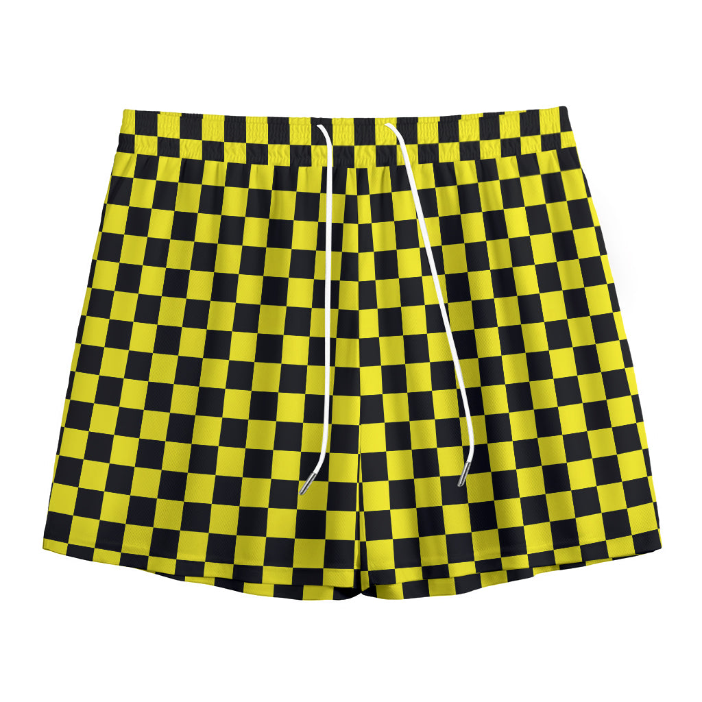 Yellow And Black Checkered Pattern Print Mesh Shorts