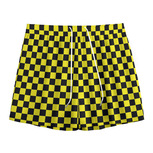 Yellow And Black Checkered Pattern Print Mesh Shorts