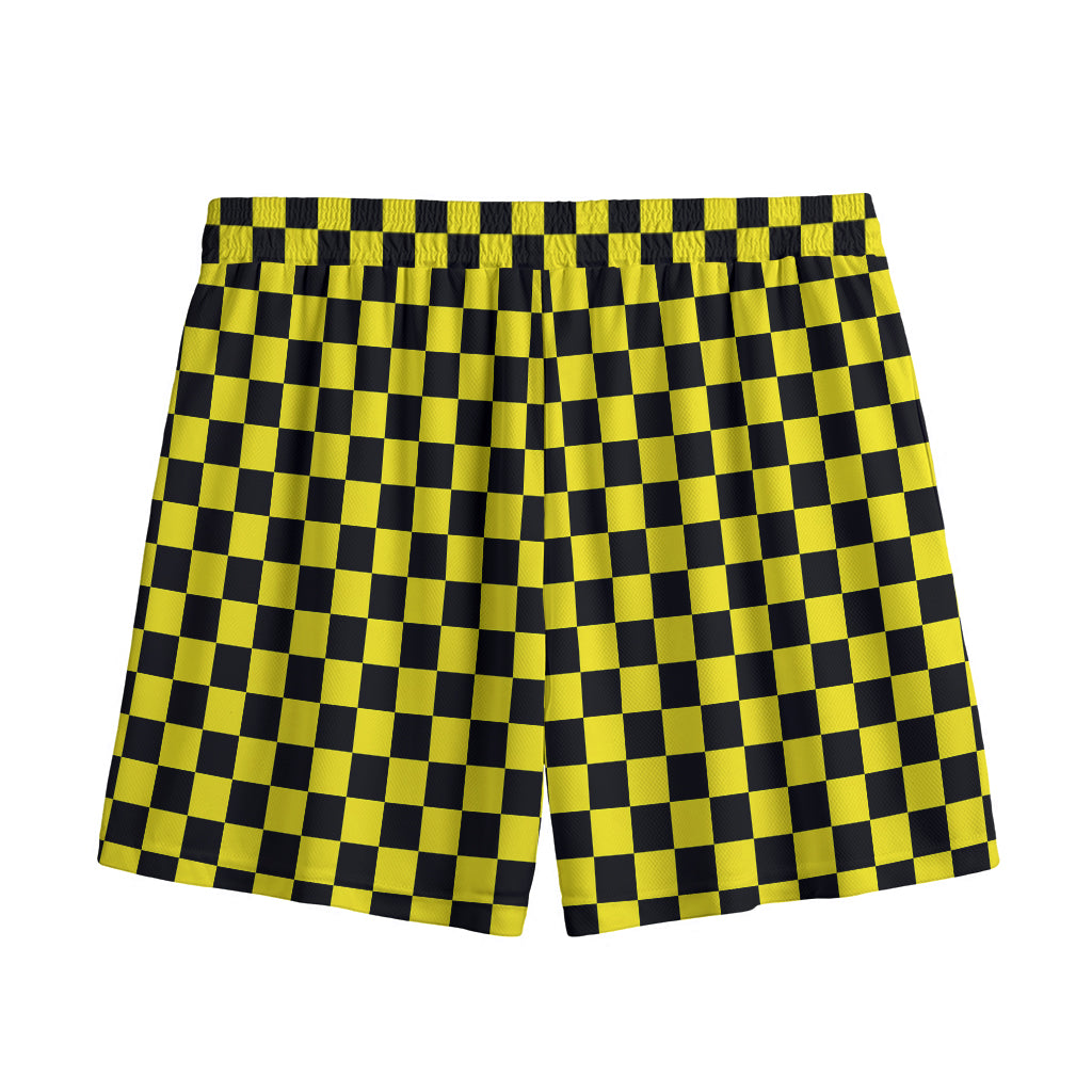 Yellow And Black Checkered Pattern Print Mesh Shorts
