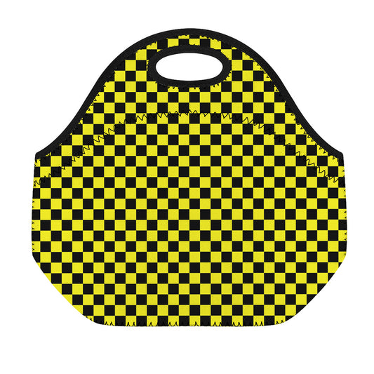 Yellow And Black Checkered Pattern Print Neoprene Lunch Bag