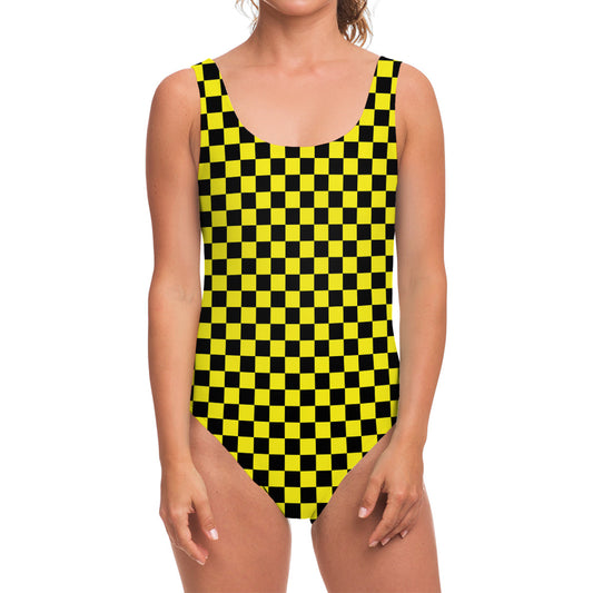 Yellow And Black Checkered Pattern Print One Piece Swimsuit